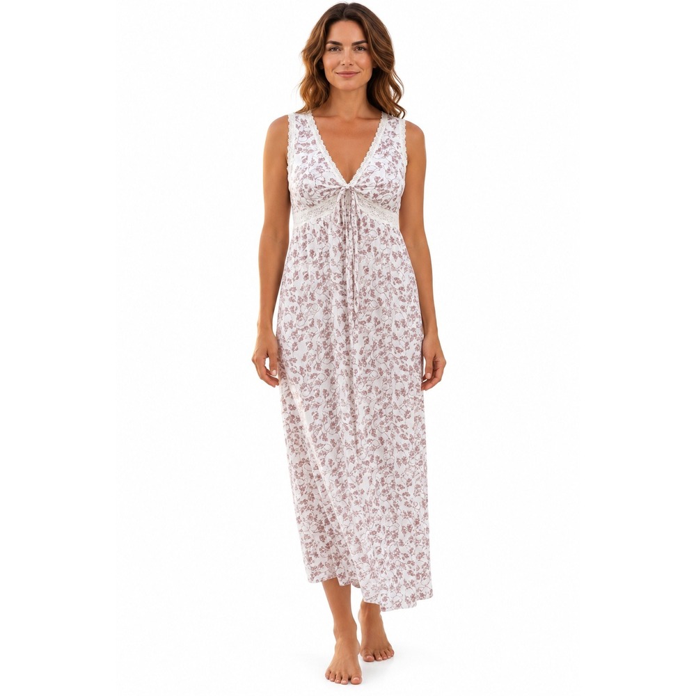 Miss Elaine 2X Floral Lace Trim Tie Front Maxi Nightgown White Pink Cottagecore